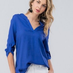 Royal Blue Vneck Button Sleeve Linen Blouse